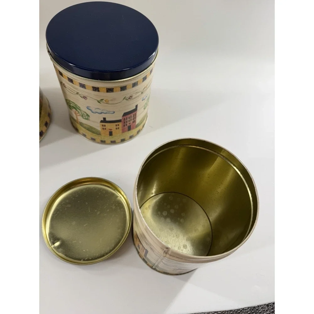 Vintage 90's Cottagecore Nesting Tin Canisters Floral Pattern Country House Blue